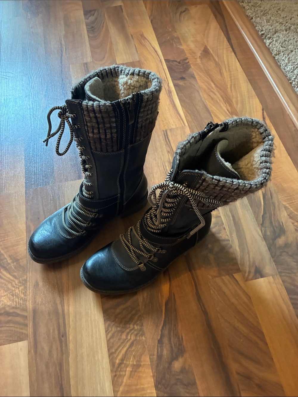Spring Step Brown Lace-Up Winter Boots with Knit Cuff